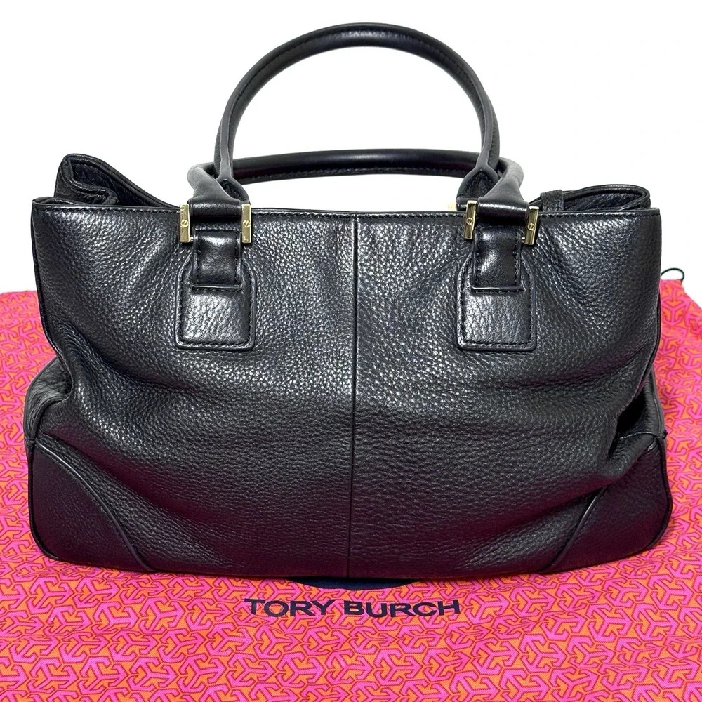 Tory Burch Robinson Triple Compartment Black Pebbled‎ Leather Tote Shoulder Bag